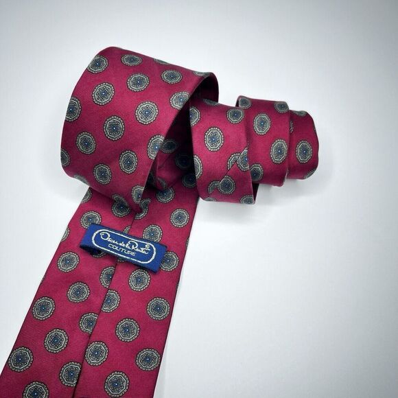 VTG OSCAR DE LA RENTA Couture MAROON BLUE Oval Print  Men's NECK TIE - Picture 8 of 14